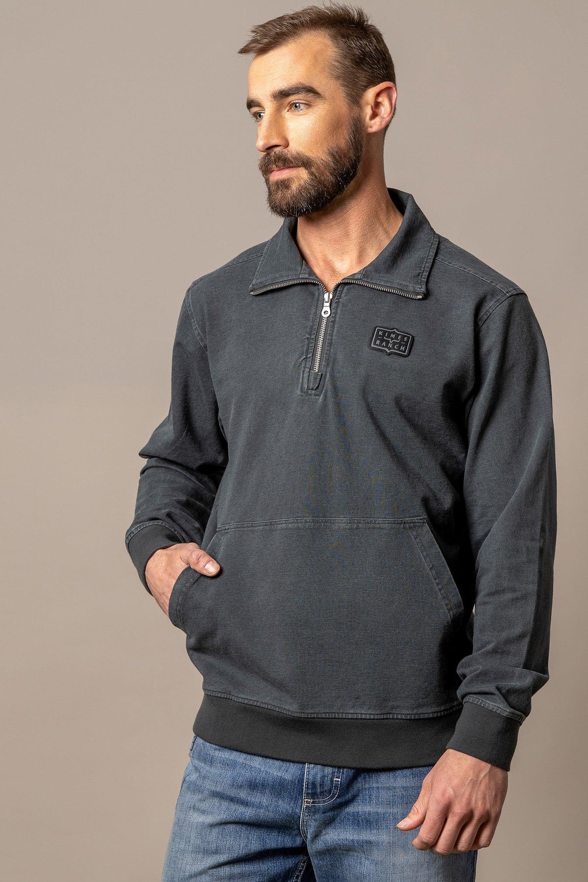 Kimes Ranch Wicklow sweatshirt in Charcoal with a half-zip collar and front kangaroo pocket