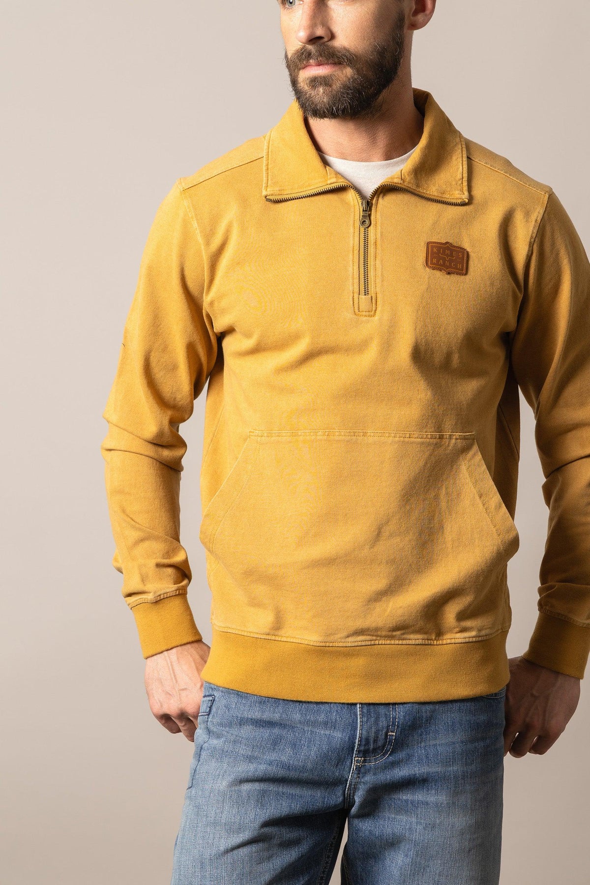 Kimes Ranch Wicklow sweatshirt in Gold with a half-zip collar and front kangaroo pocket