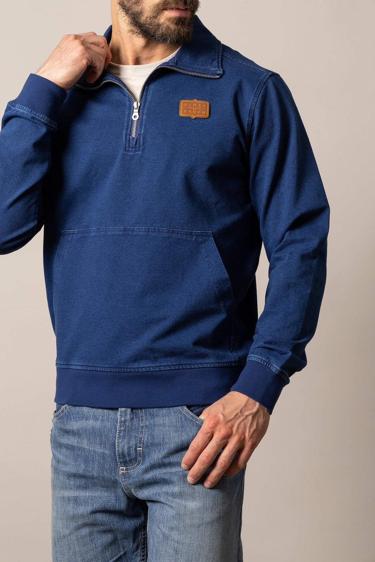 Kimes Ranch Wicklow sweatshirt in Indigo with a quarter-zip collar and front kangaroo pocket