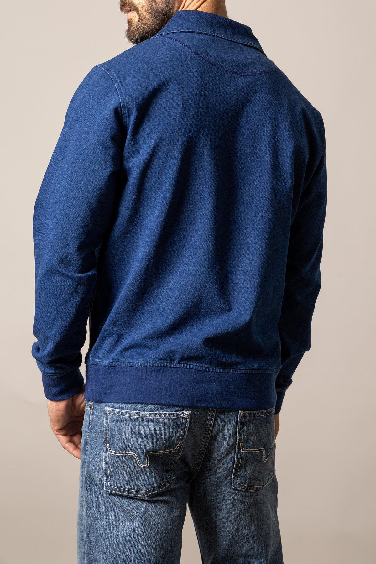 Kimes Ranch Wicklow sweatshirt in Indigo, back view, with a ribbed collar and hem
