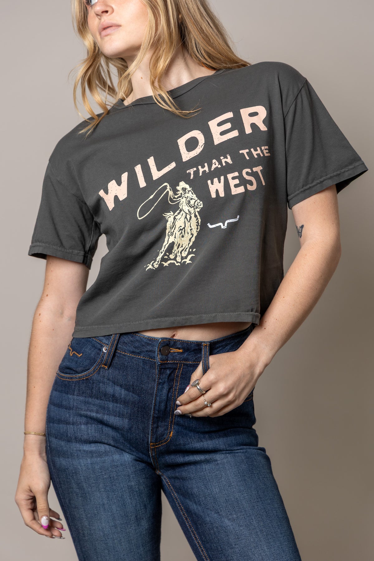 Kimes Ranch Wilder Than The West shirt in Pepper with a cowboy on a bucking horse and Wilder Than The West text