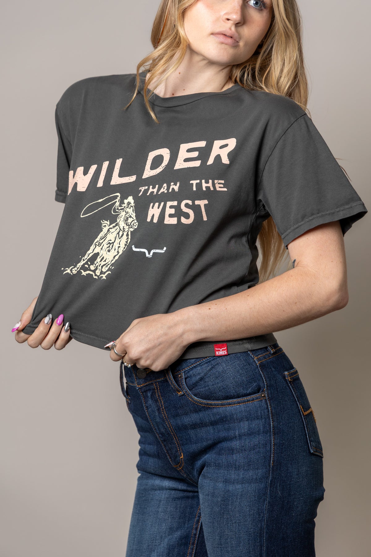 Kimes Ranch Wilder Than The West shirt in Pepper with a cowboy graphic and text