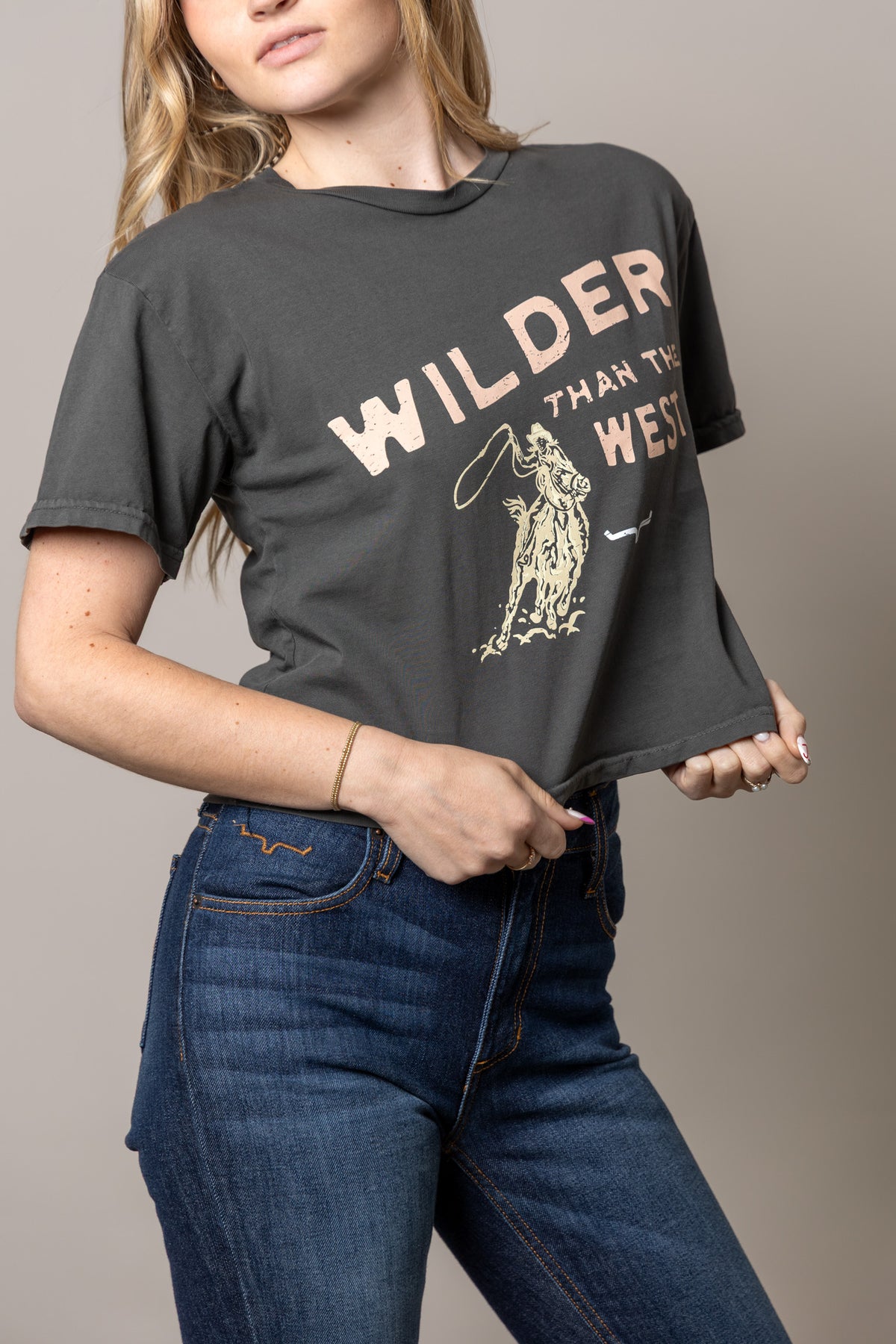 Kimes Ranch Wilder Than The West shirt in Pepper with a cowboy graphic and text