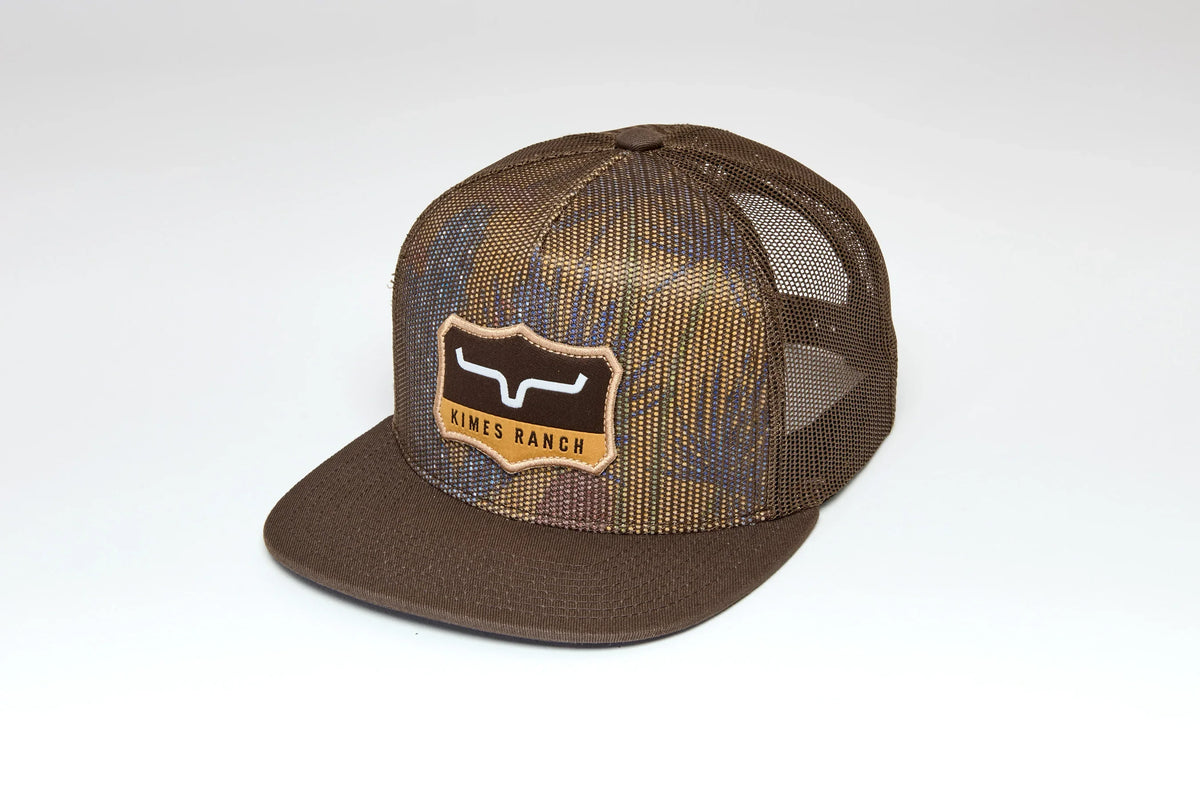 Kimes Ranch Willard Brown trucker hat with mesh back and embroidered Kimes Ranch logo patch on front