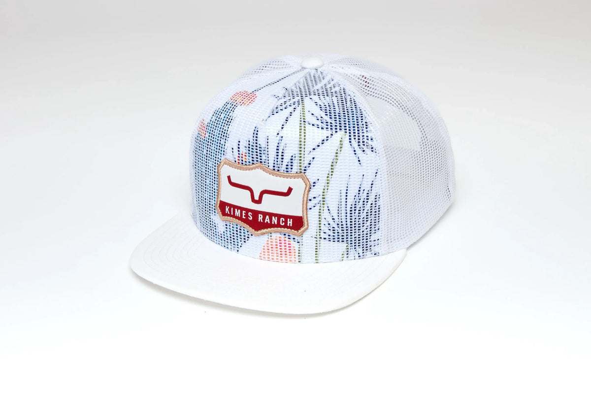 Kimes Ranch Willard hat with White mesh back and front panel featuring a blue and pink floral pattern
