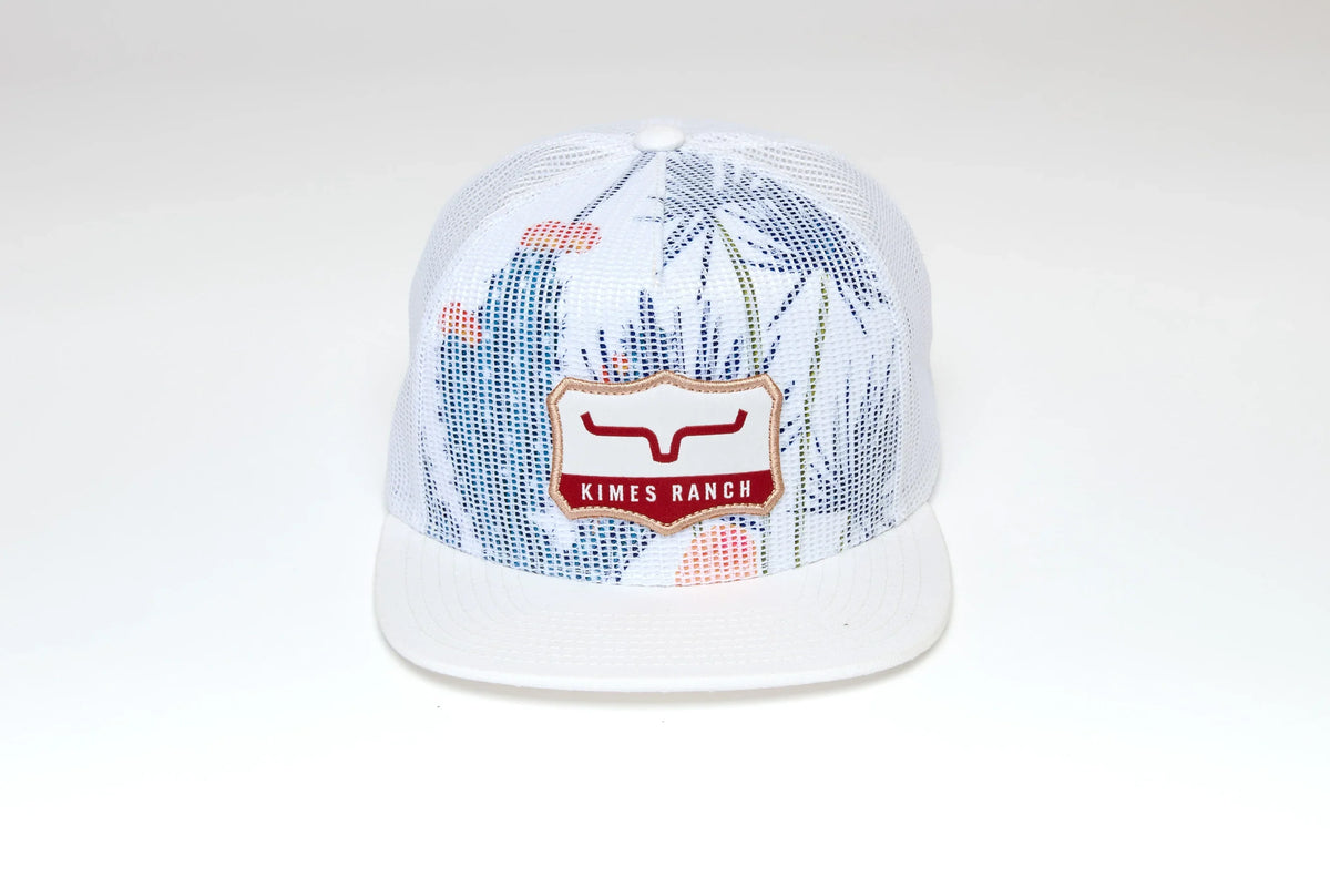 Kimes Ranch Willard White trucker hat with a cactus print and embroidered logo