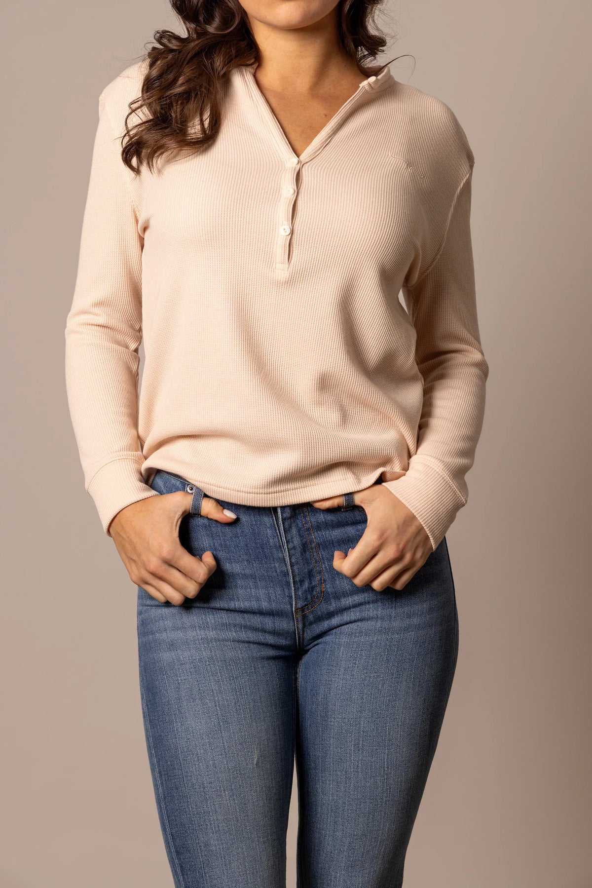 Kimes Ranch Wilma long sleeve henley top in Peach with ribbed texture and button placket