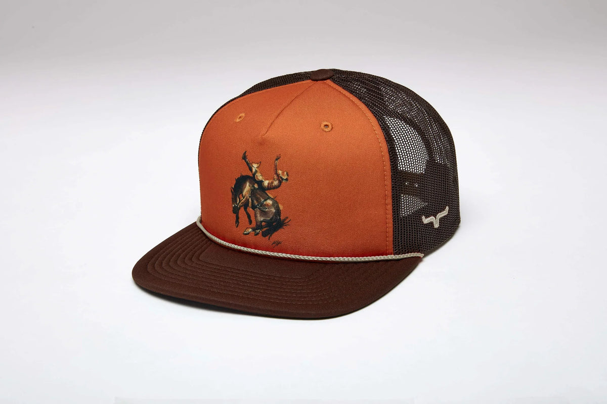 Kimes Ranch Winning Ride hat in Burnt Orange, side view, with a rodeo graphic and mesh back