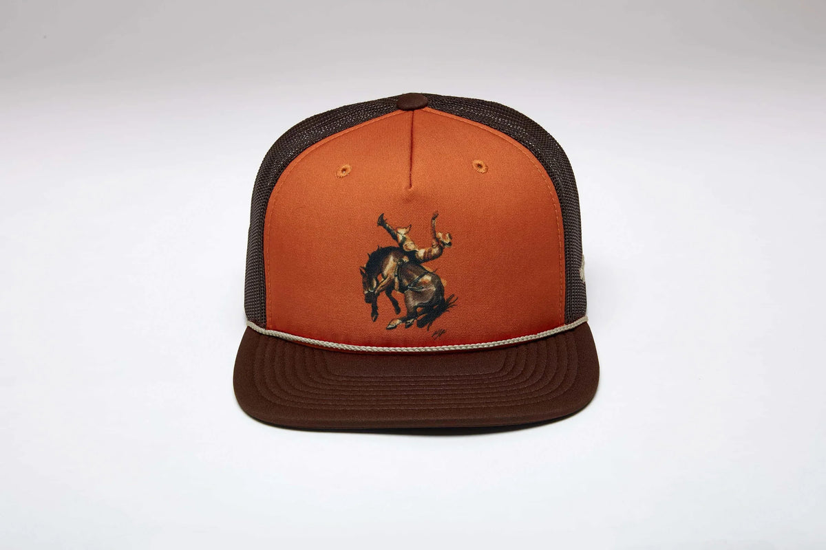 Kimes Ranch Winning Ride hat in Burnt Orange with a rodeo graphic on the front panel and a brown mesh back