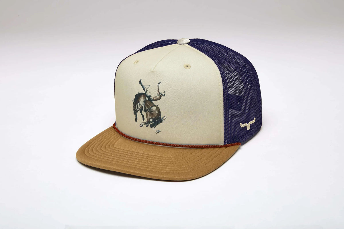 Kimes Ranch Winning Ride trucker hat in Natural, side view, with a rodeo graphic and Kimes Ranch logo