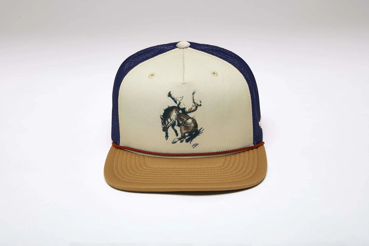 Kimes Ranch Winning Ride trucker hat in Natural with navy mesh back and a rodeo graphic on the front
