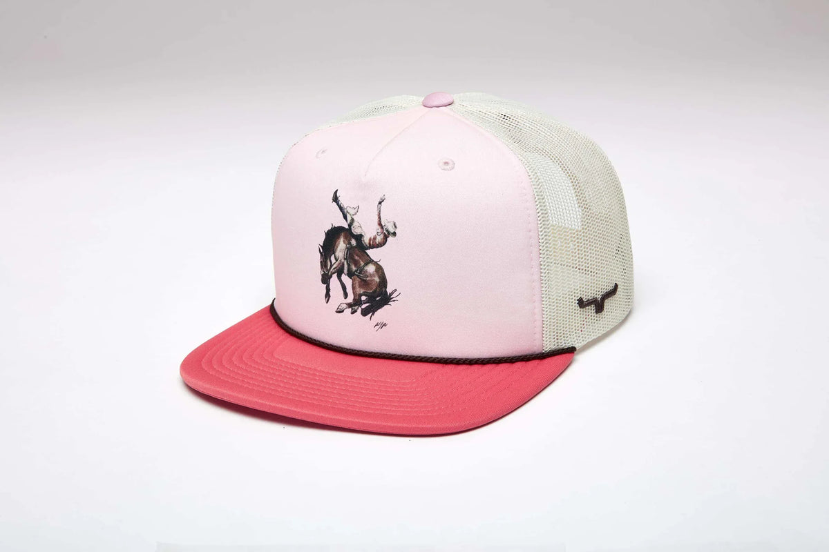 Kimes Ranch Winning Ride, side view, hat with Pink front panel, Pink brim, cream mesh back, and a rodeo graphic