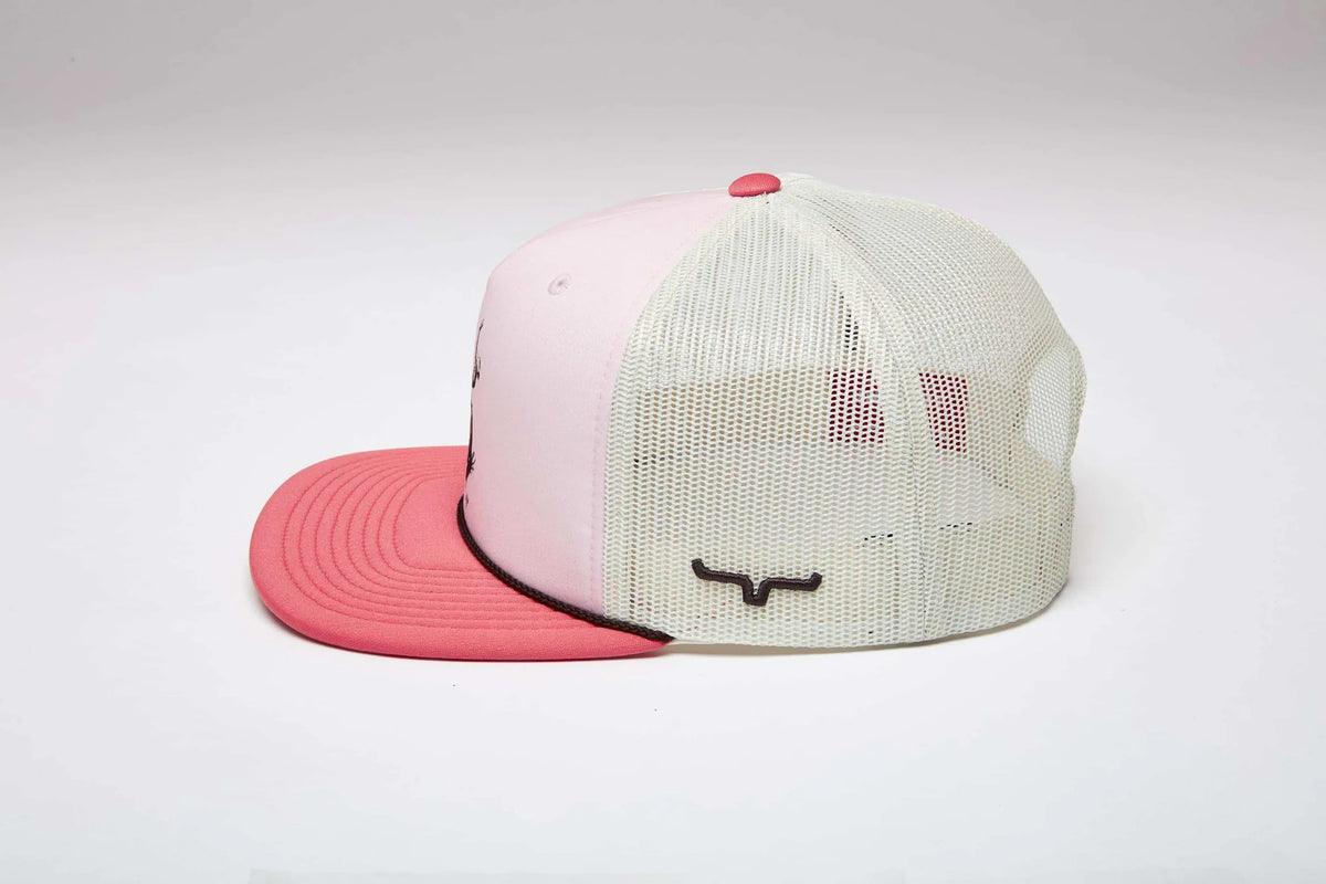 Kimes Ranch Winning Ride hat in Pink, side view, with a flat brim and mesh back featuring the Kimes Ranch logo