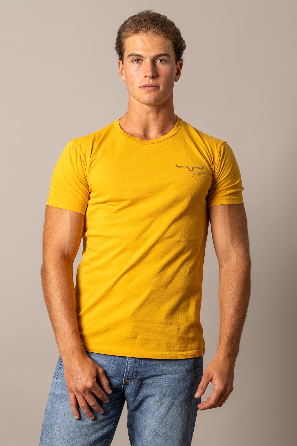 Kimes Ranch Winning Ride RP shirt in Yellow Ochre with a crew neck and chest logo