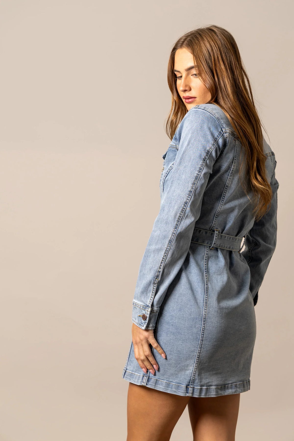 Kimes Ranch Winslow Trucker Dress in Light Wash Indigo, side view, with long sleeves and a belted waist