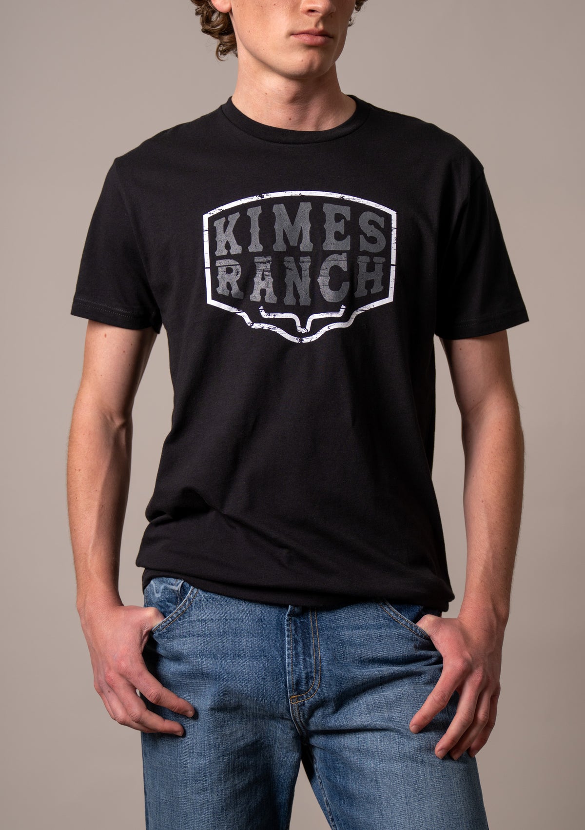 Kimes Ranch Wood Block shirt in Black with a distressed white Kimes Ranch logo on the chest