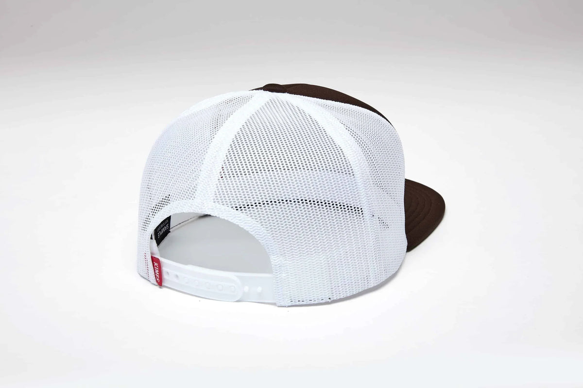 Kimes Ranch Wood Block, back view, hat with Brown front panels and white mesh back with adjustable strap