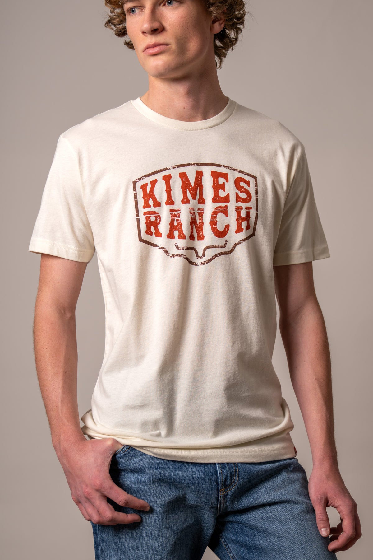 Kimes Ranch Wood Block shirt in Natural with a distressed Kimes Ranch logo print