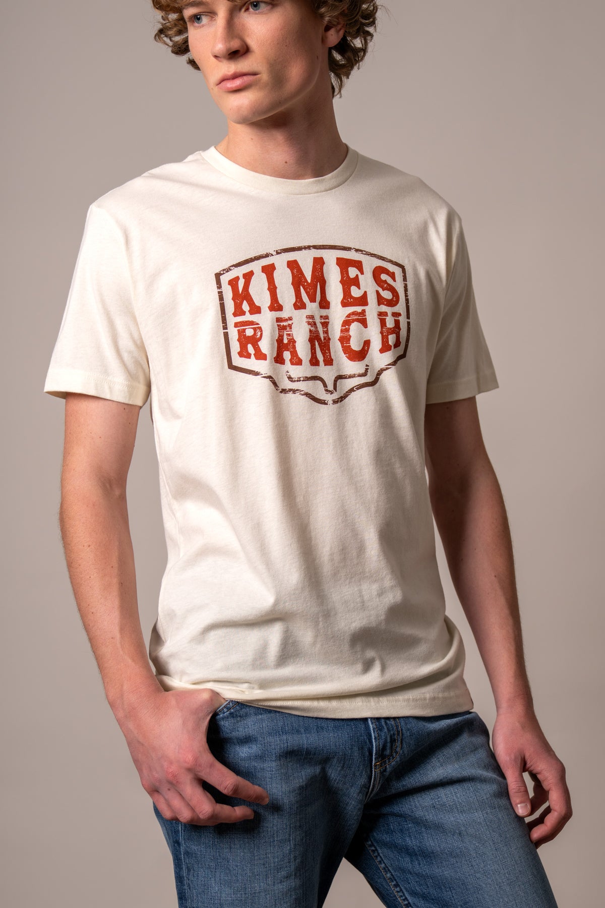 Kimes Ranch Wood Block short sleeve shirt in Natural with a distressed Kimes Ranch logo print