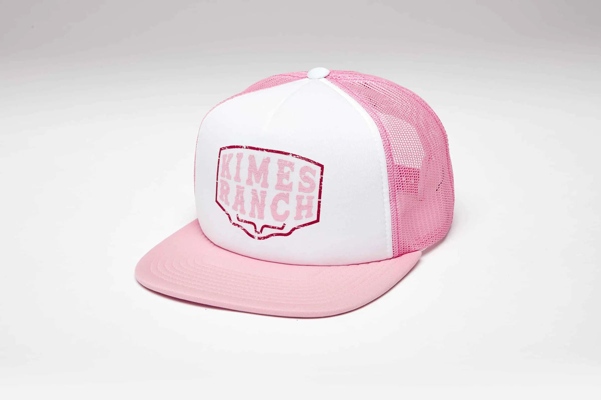 Kimes Ranch Wood Block hat in Pink, side view, with a white front panel and Pink mesh back