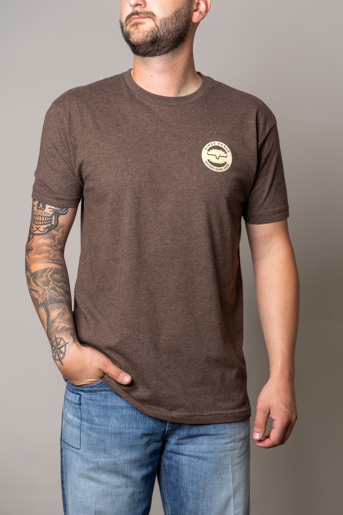 Kimes Ranch Wood Stamp shirt in Espresso with a chest logo