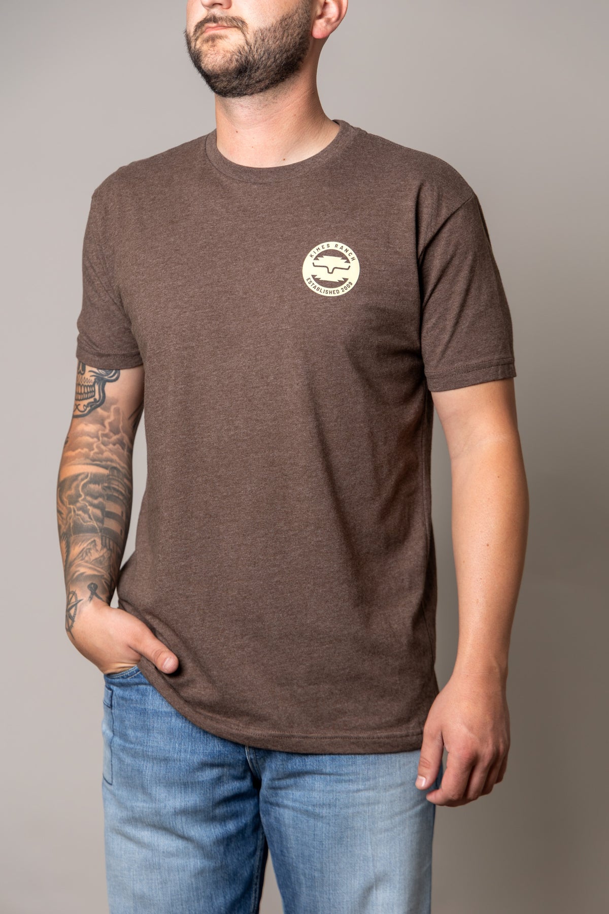 Kimes Ranch Wood Stamp shirt in Espresso with a chest logo