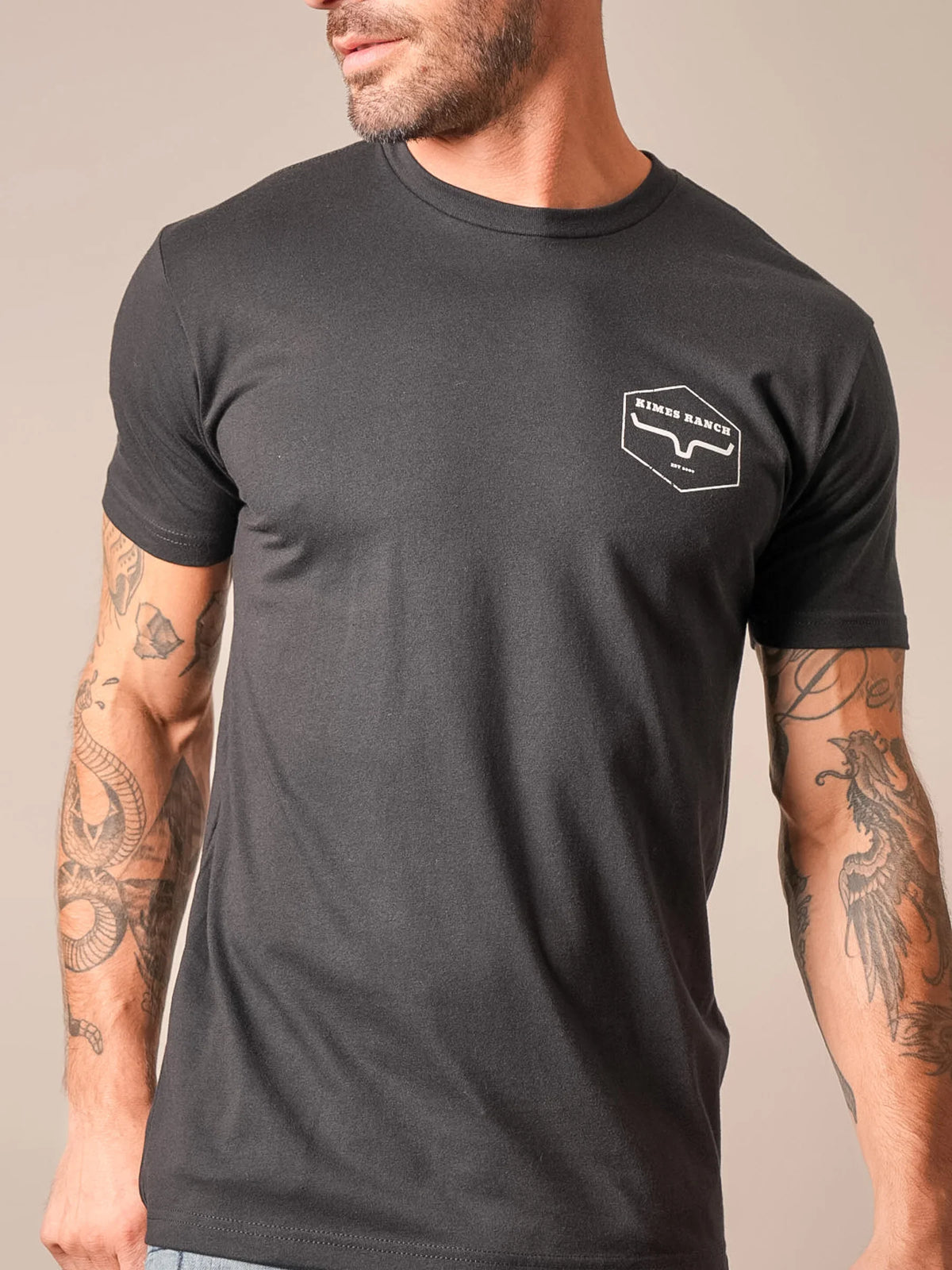 Kimes Ranch Wooden Hex shirt in Black with a white Kimes Ranch logo on the chest