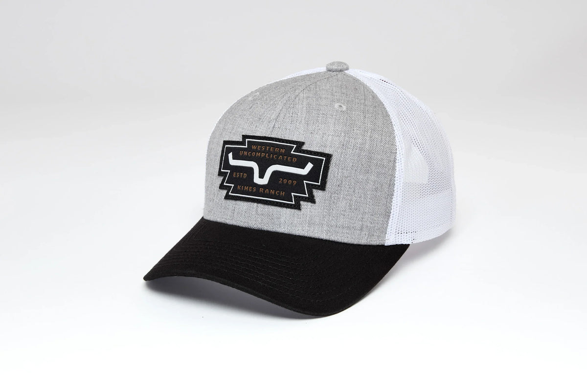 Kimes Ranch Woodland hat in Grey Heather with a black brim and white mesh back featuring the Kimes Ranch logo
