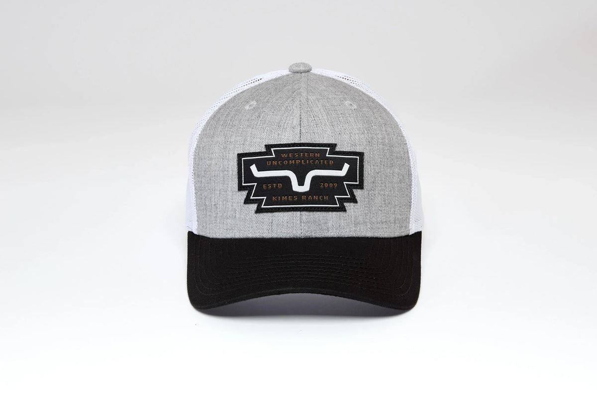 Kimes Ranch Woodland hat in Grey Heather with a black brim and a Kimes Ranch logo patch on the front