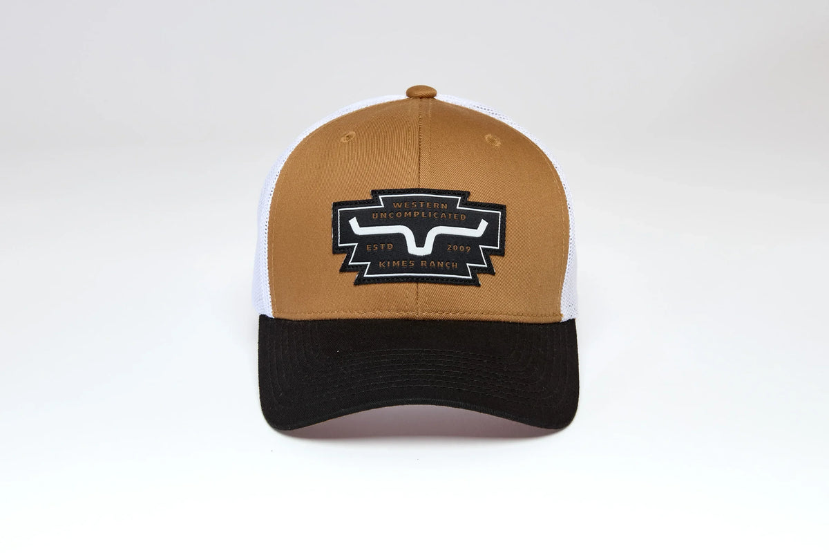 Kimes Ranch Woodland hat in Work Wear Brown with white mesh back and black brim featuring the Kimes Ranch logo