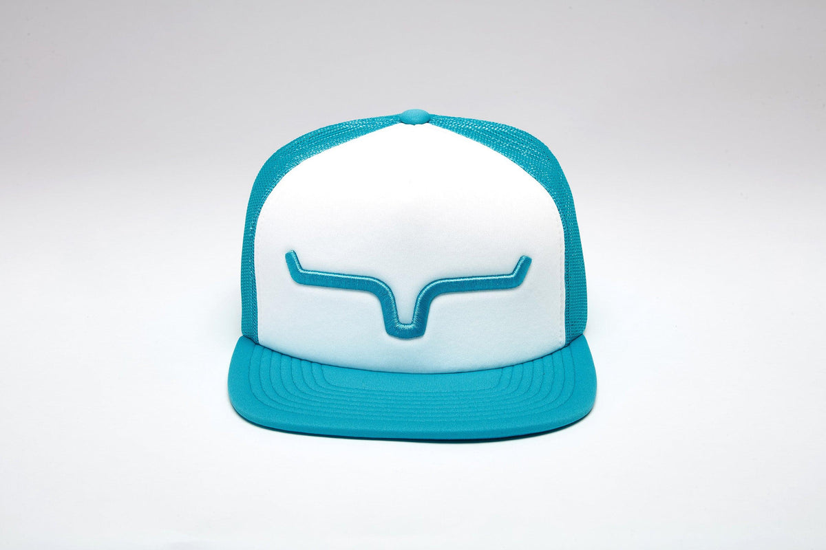 Kimes Ranch Yeakley hat in Teal with a white front panel and the Kimes Ranch logo embroidered in Teal