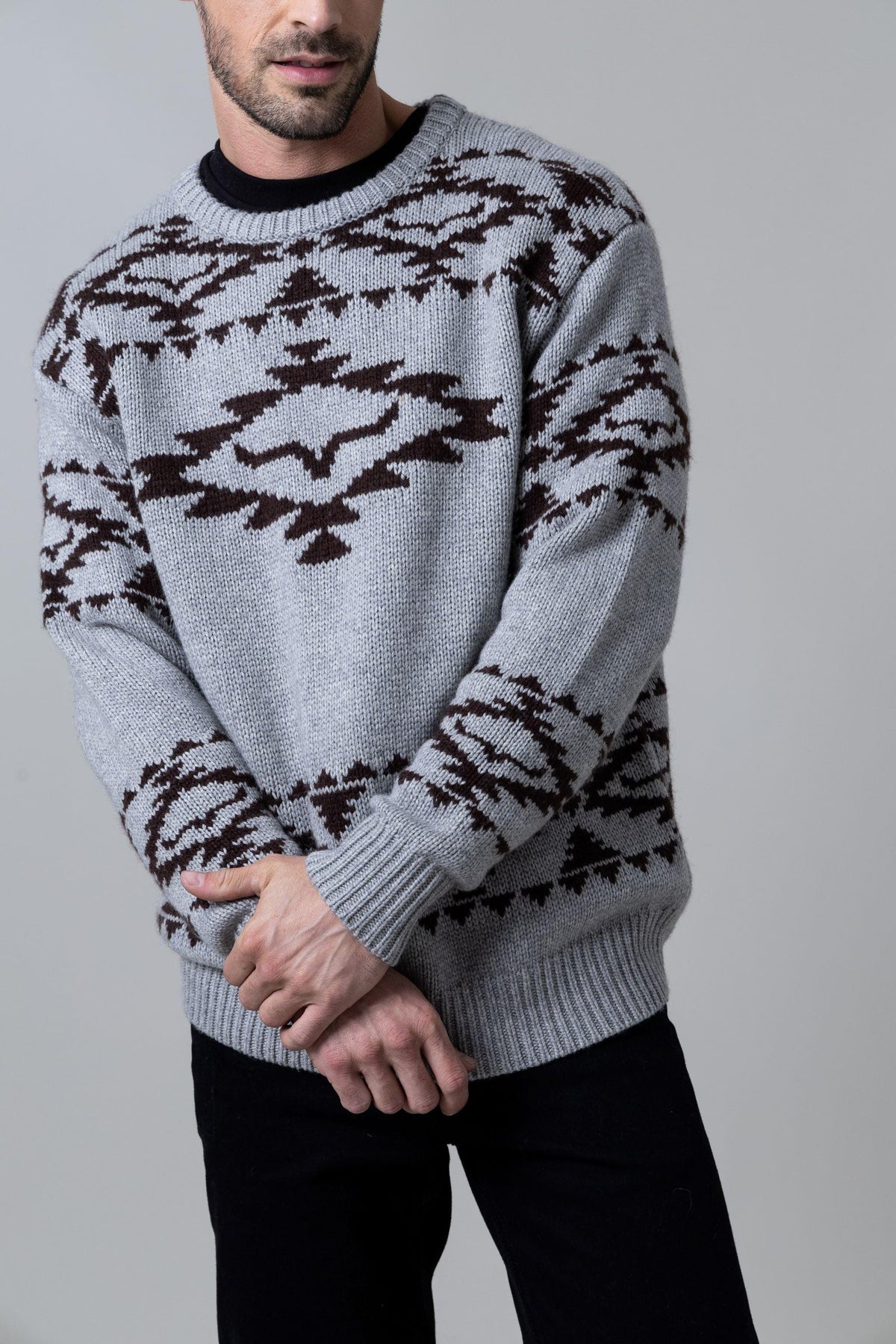 Kimes Ranch Mescalero Crew sweatshirt in Grey Heather with a brown geometric pattern and ribbed cuffs