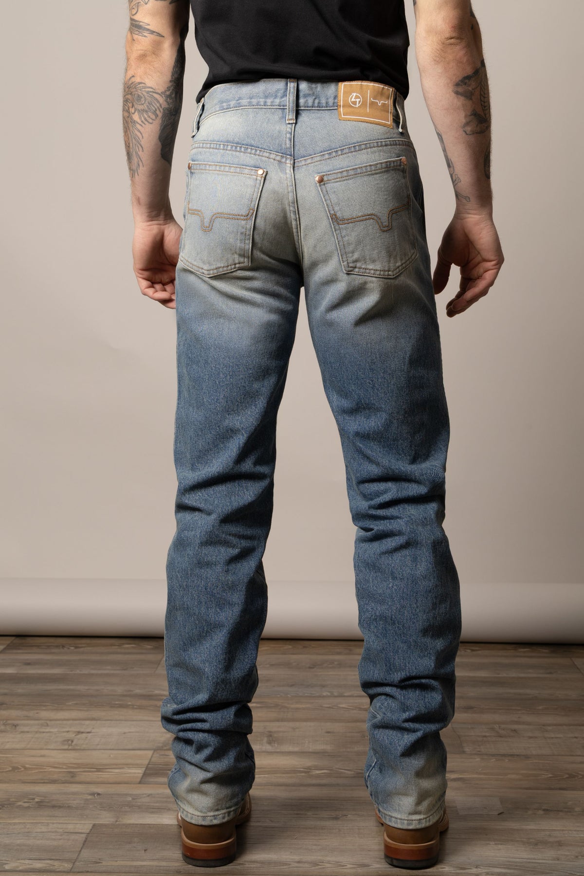 Kimes Ranch ZT jeans in Light Wash, back view, with back pockets and logo patch