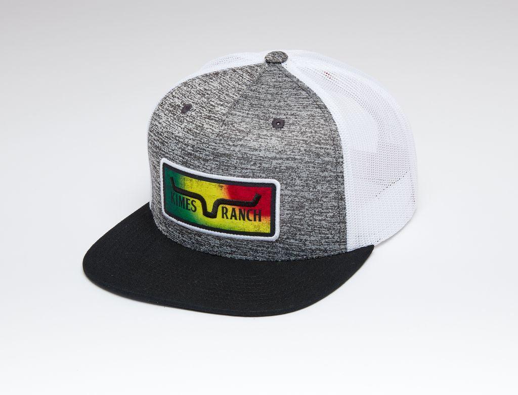 Kimes Ranch Blanket Trucker Hat in Grey Heather, side view, with a Kimes Ranch logo patch and black brim