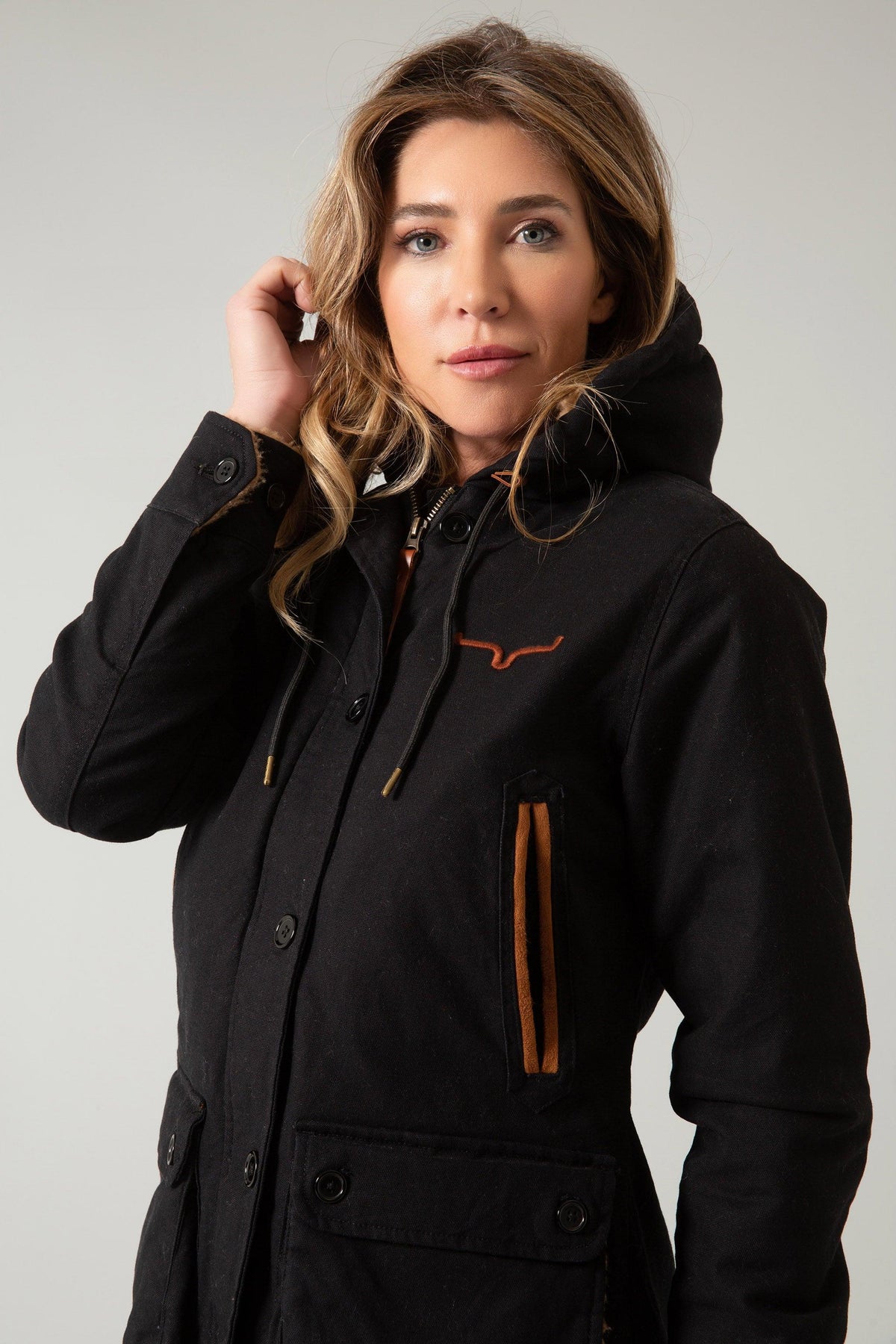Kimes Ranch AWA Jacket in Black with a hood, front pockets, and the Kimes Ranch logo