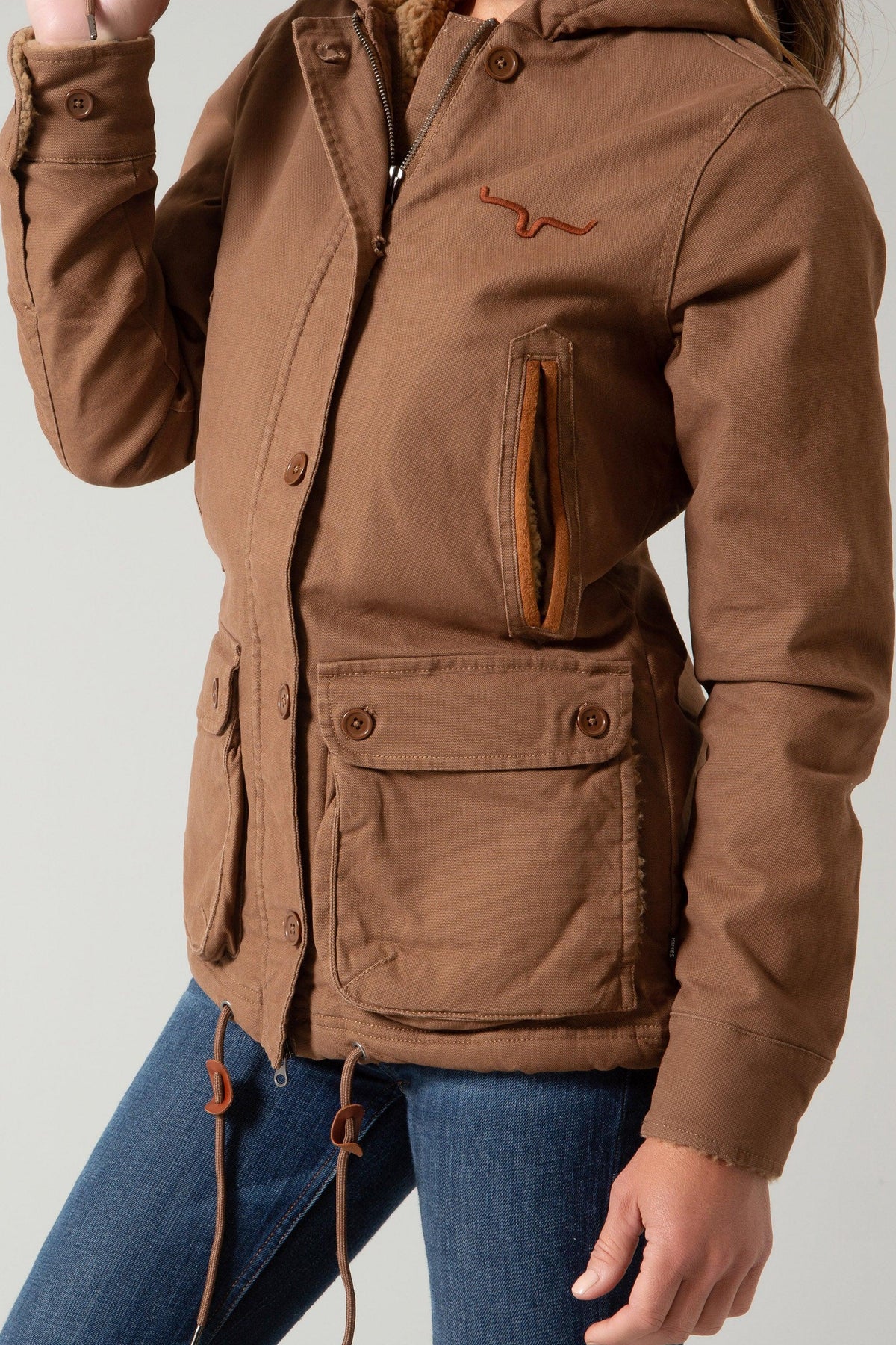 Kimes Ranch AWA Jacket in Brown with a hood, front pockets, and the Kimes Ranch logo