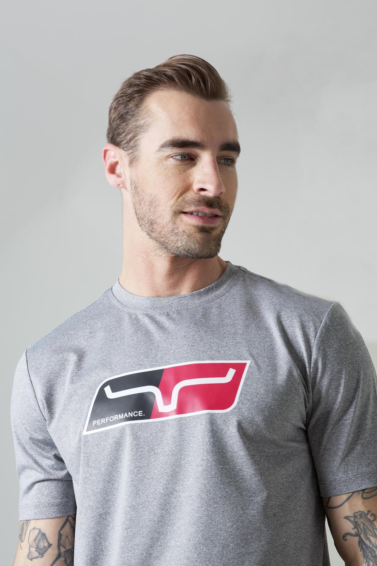 Kimes Ranch Alta Tech Tee Shirt in Grey Heather with a red and black Performance graphic
