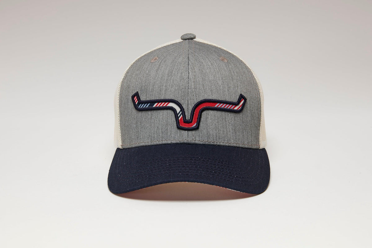 Kimes Ranch Anson Trucker Hat in Grey Heather with a navy brim and the Kimes Ranch logo embroidered on the front