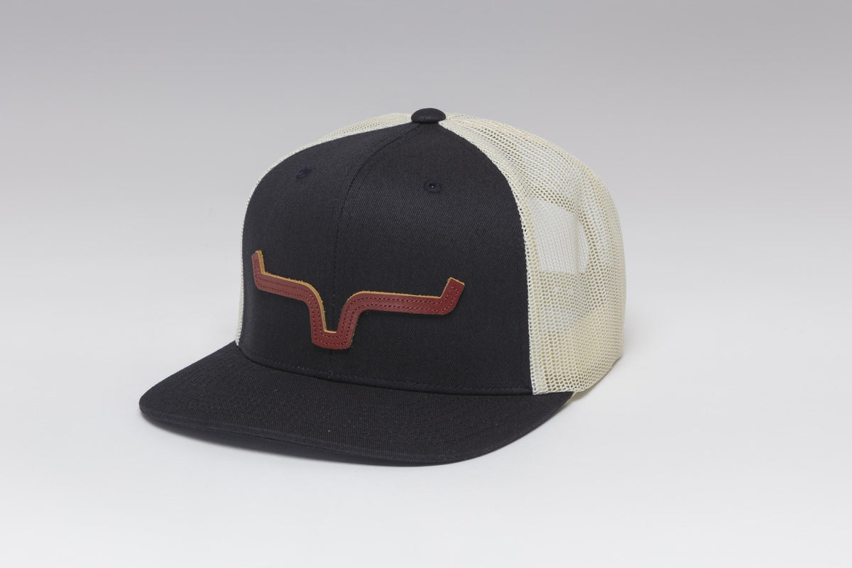 Kimes Ranch ATG Hat in Dark Navy, side view, with a steer logo and cream mesh back