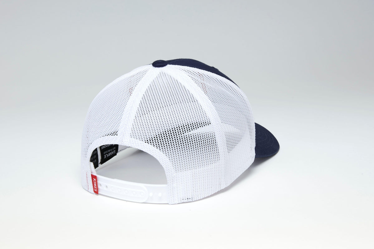 Kimes Ranch San Juan, back view, hat with white mesh back and Navy front panels