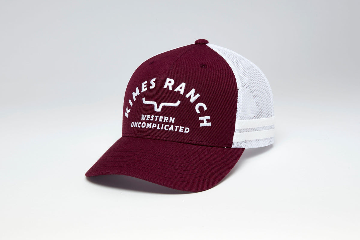 Kimes Ranch Cantor hat in Burgundy, side view, with white mesh back and embroidered Kimes Ranch logo