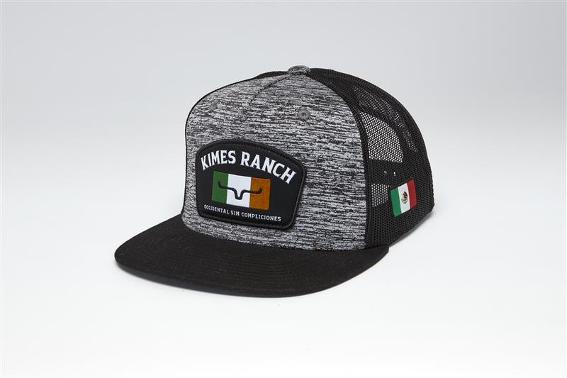 Kimes Ranch Bandera Trucker hat in Heather Grey, side view, with black brim and logo patch featuring a Mexican flag