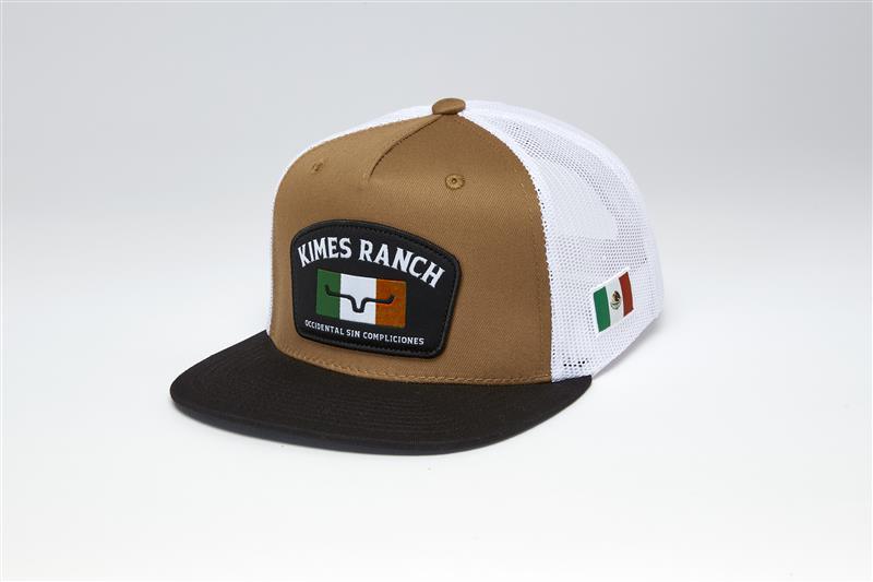 Kimes Ranch Bandera Trucker hat in Work Wear Brown, side view, with a black brim and a patch