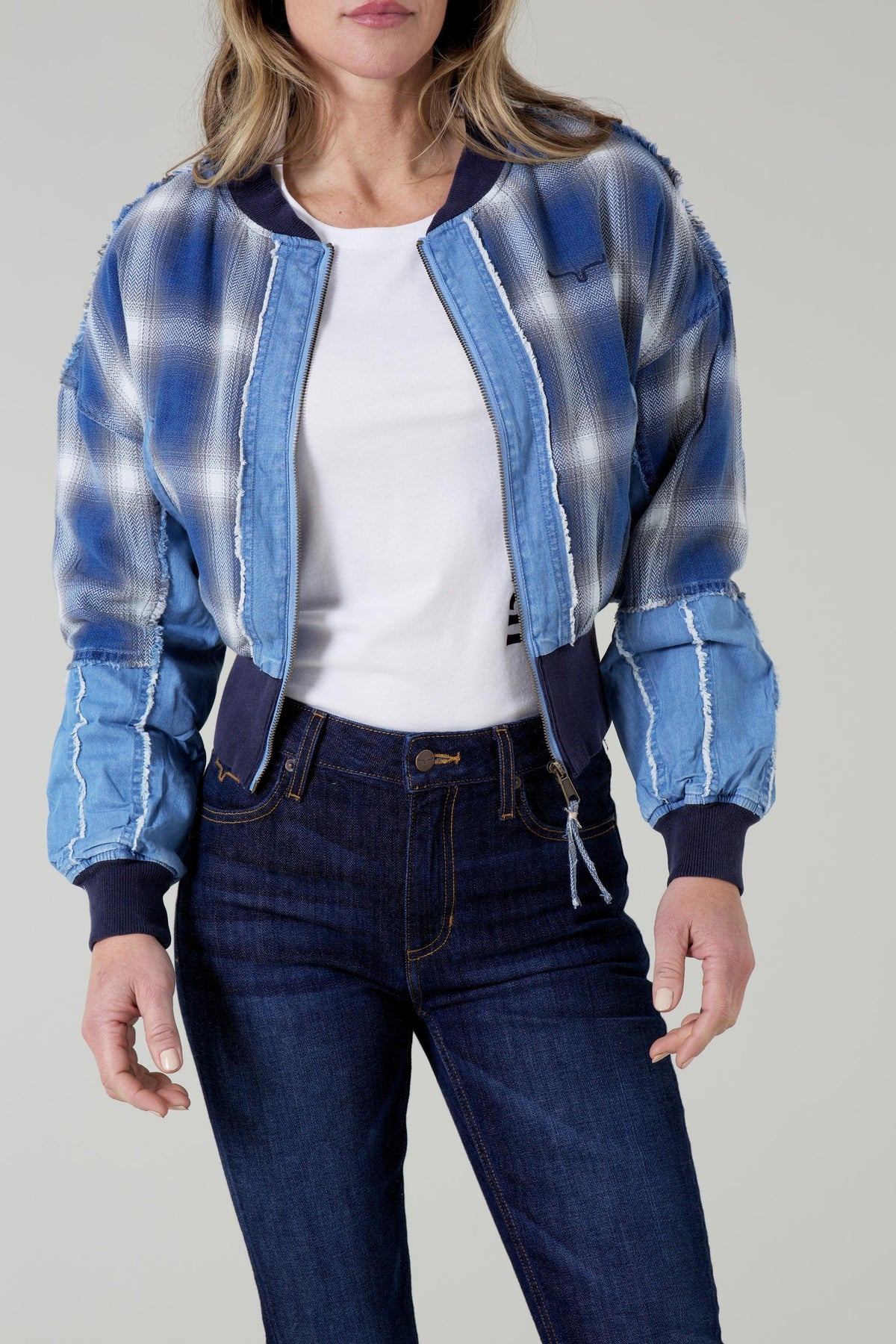 Kimes Ranch Belinda Bomber Jacket in blue plaid with panels and frayed seams