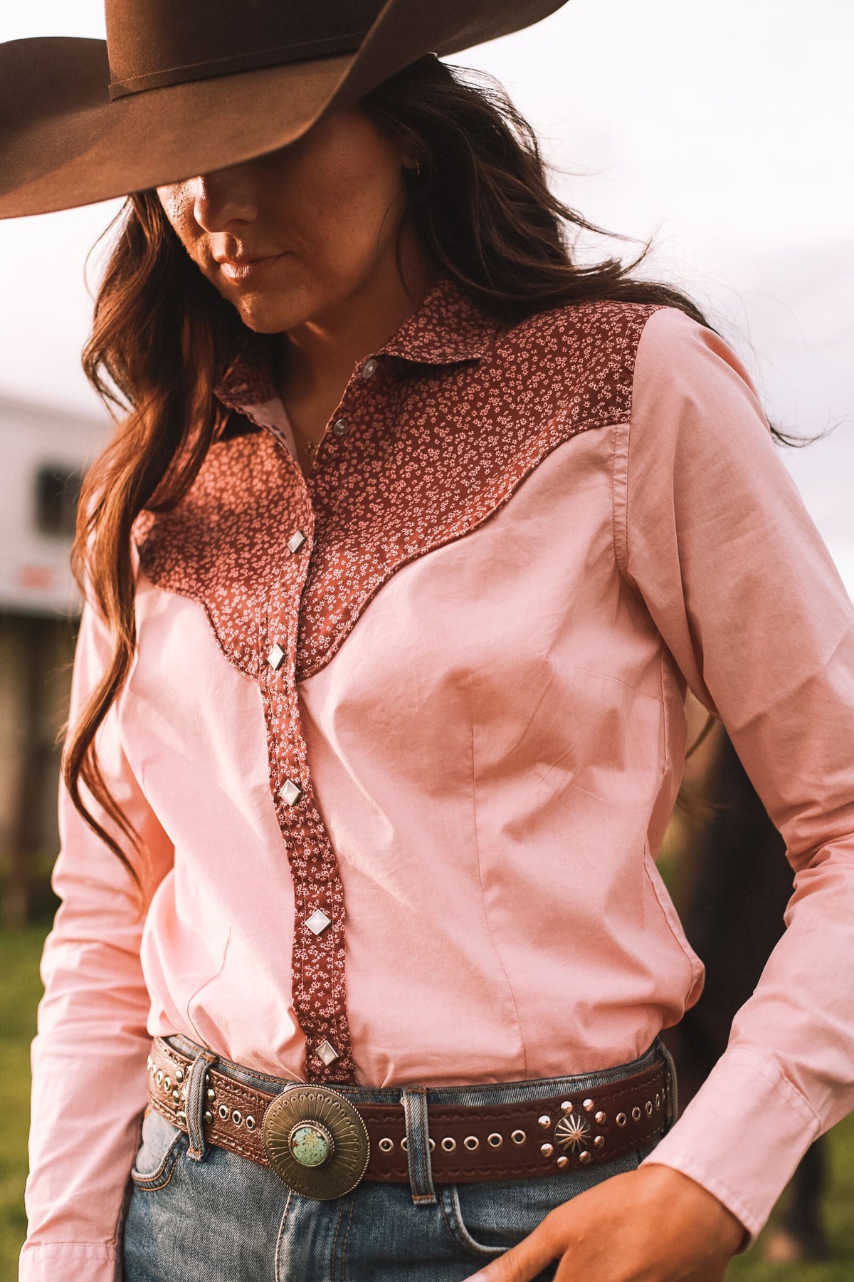 Kimes Ranch Birdie top in Light Pink with a floral yoke and snap front closure