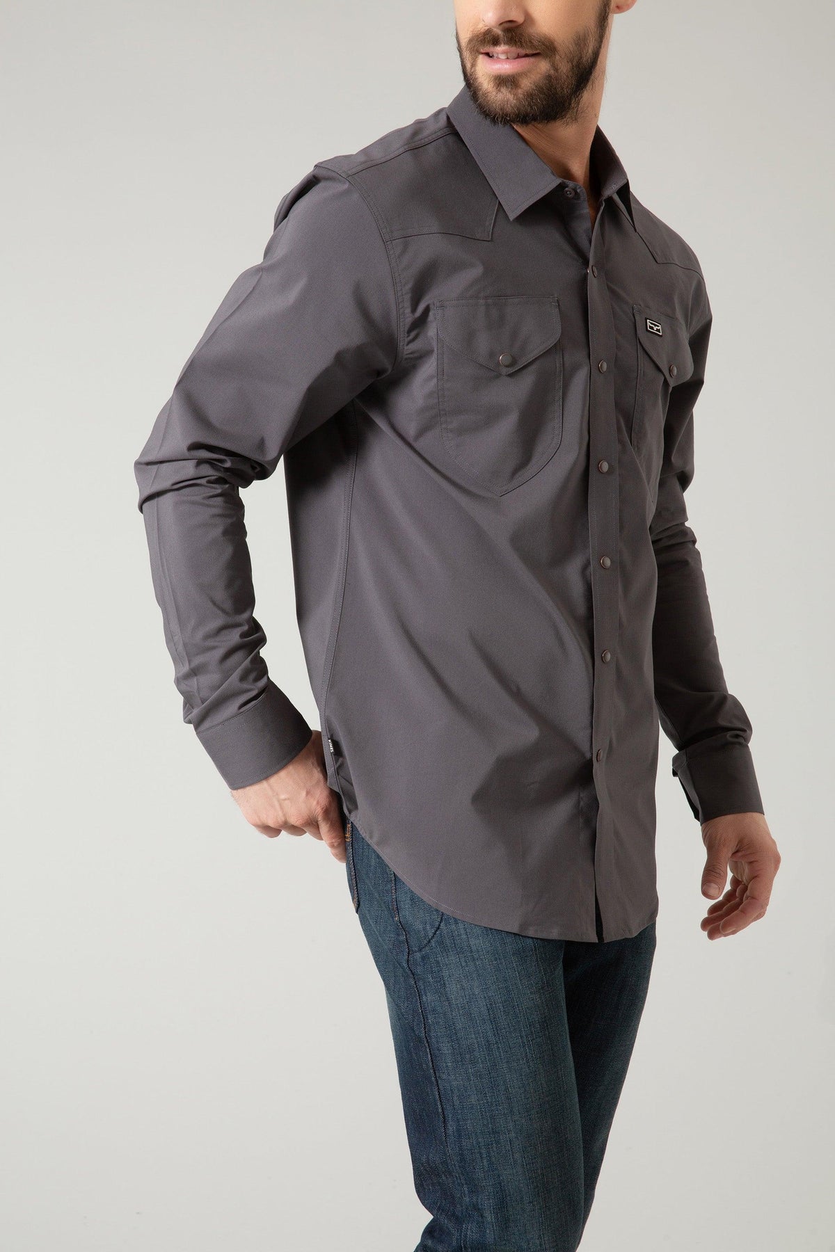 Kimes Ranch Blackout Dress Shirt in Charcoal with western yoke and two button flap pockets