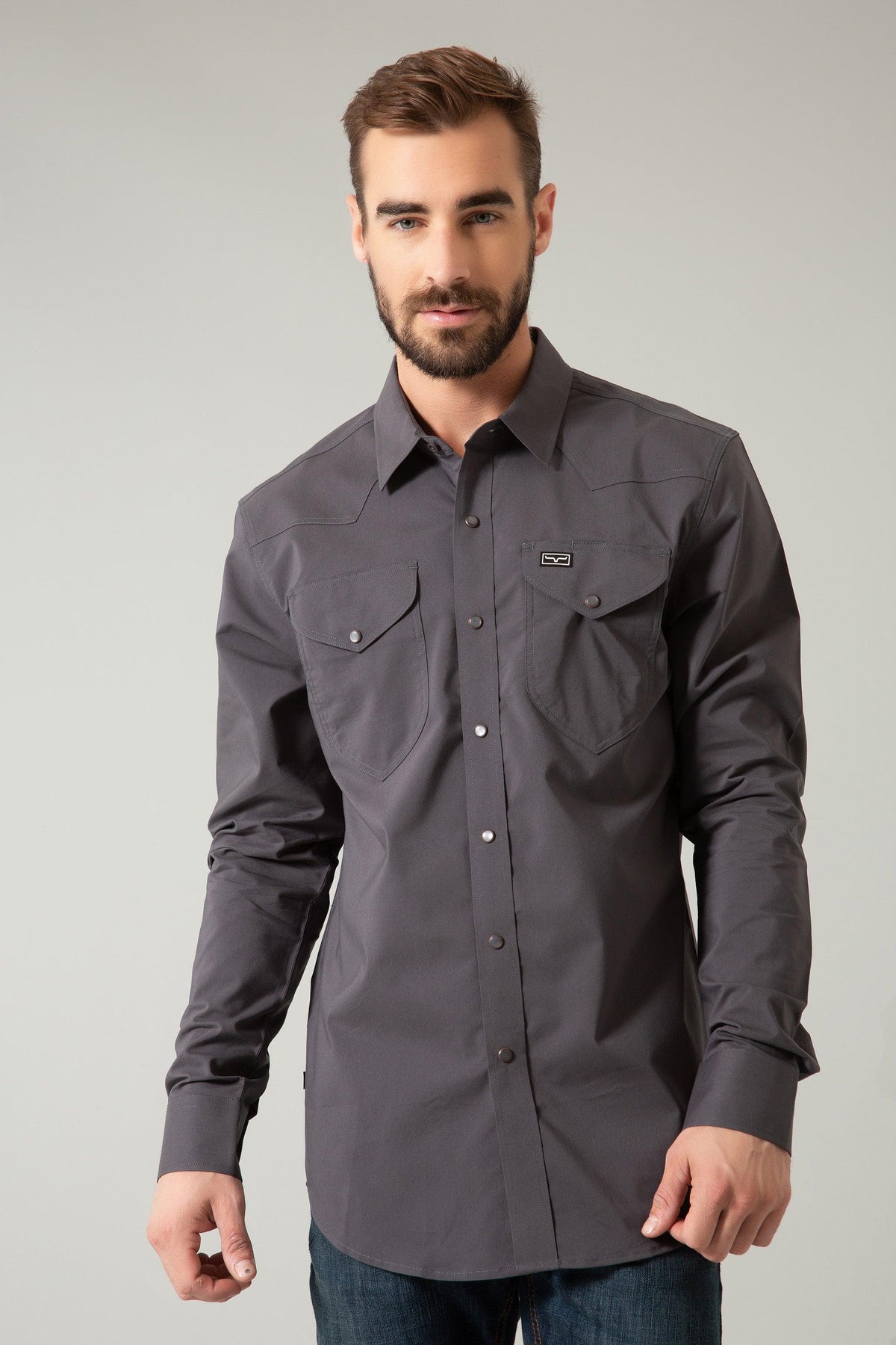 Kimes Ranch Blackout Dress Shirt in Charcoal with yoke stitching and two chest pockets