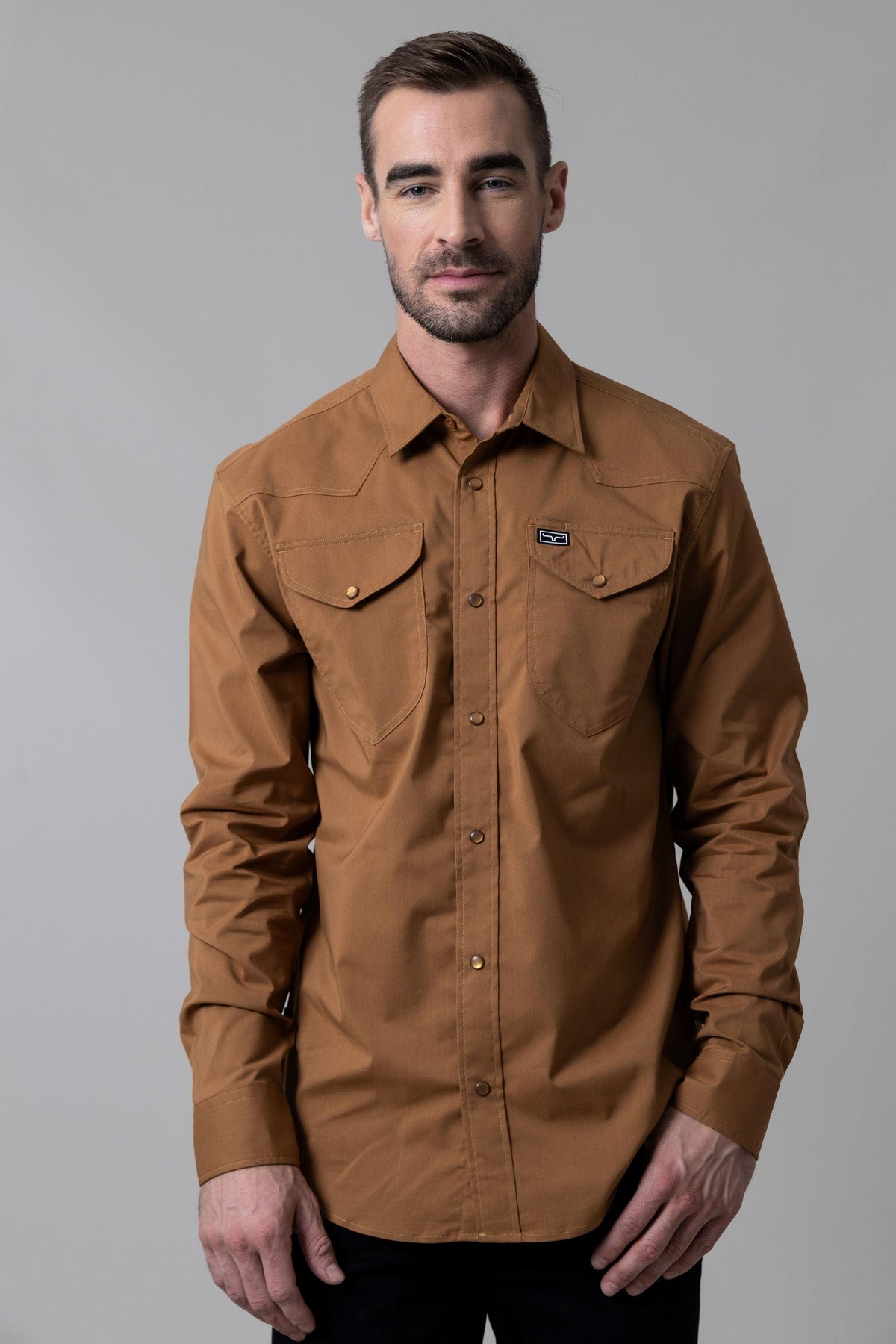 Kimes Ranch Blackout Dress Shirt in Work Wear Brown with long sleeves and two chest pockets
