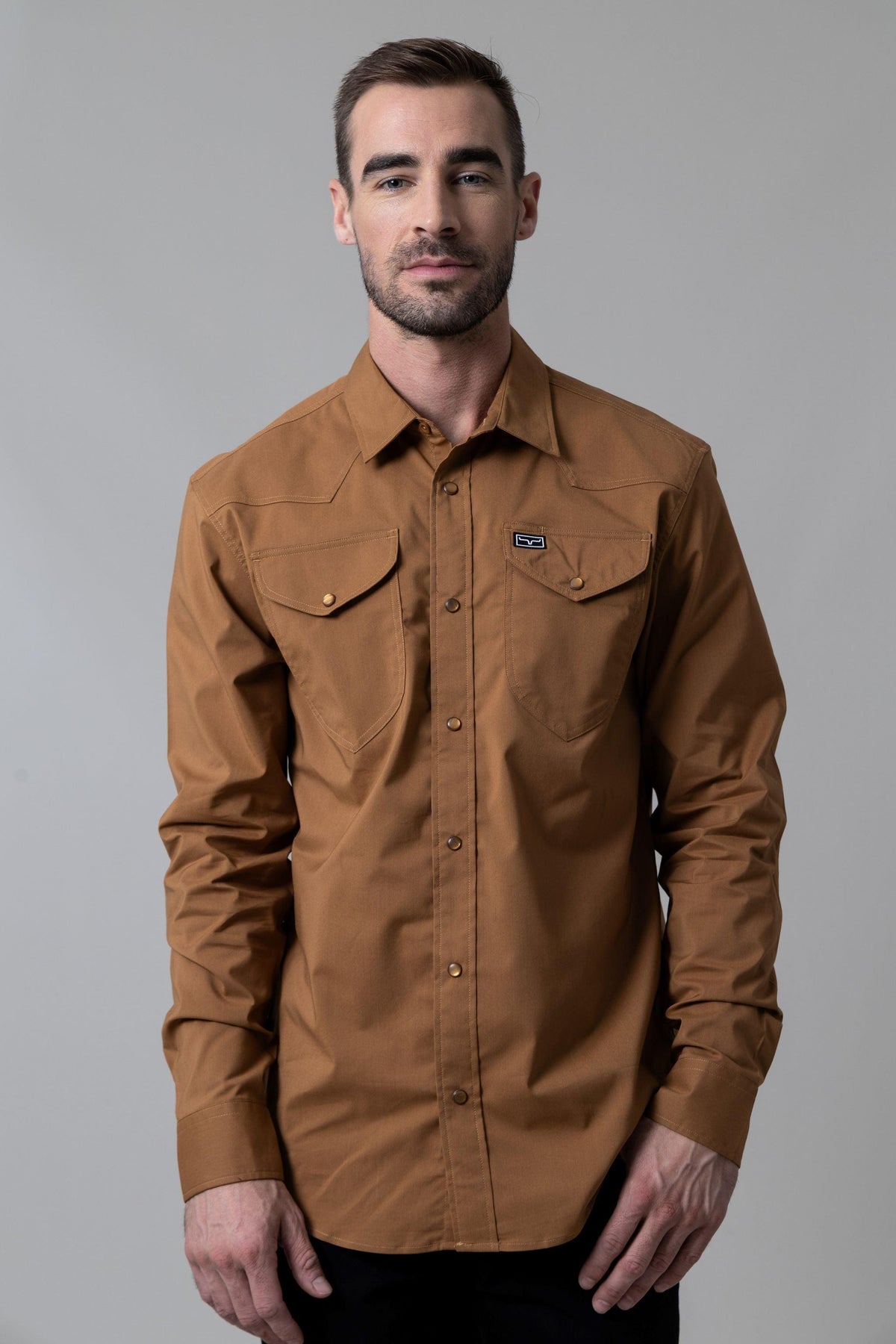 Kimes Ranch Blackout Dress Shirt in Work Wear Brown with snap pockets and a logo patch