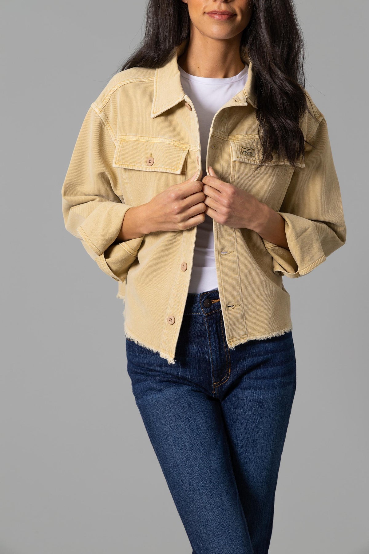 Kimes Ranch Blaine Tear Away Jacket in Khaki with button front, chest pockets, and frayed hem